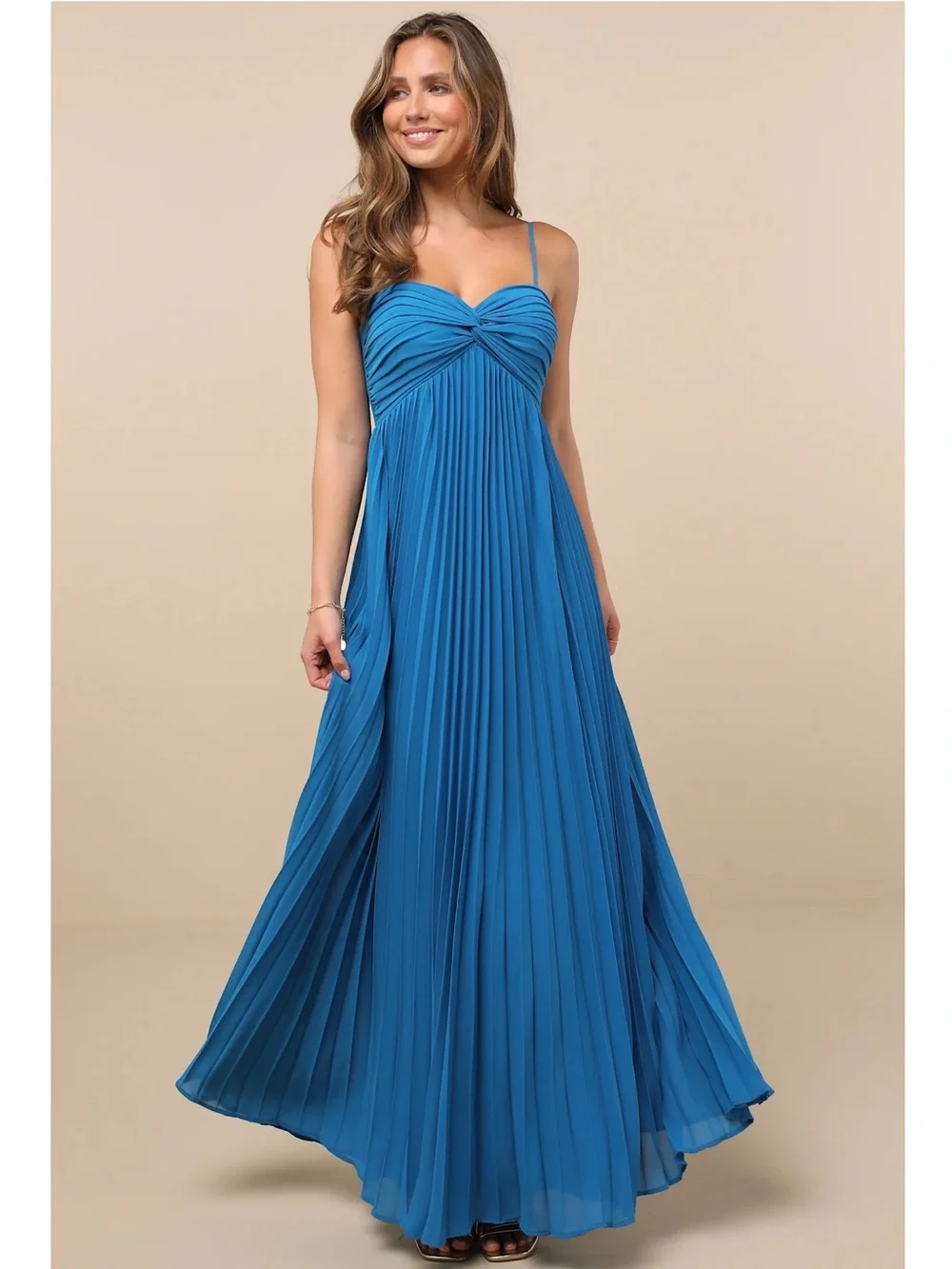 NWT Lulu’s Jolette Blue Pleated Knot-Front Maxi Dress Large 2681031 Chic Party